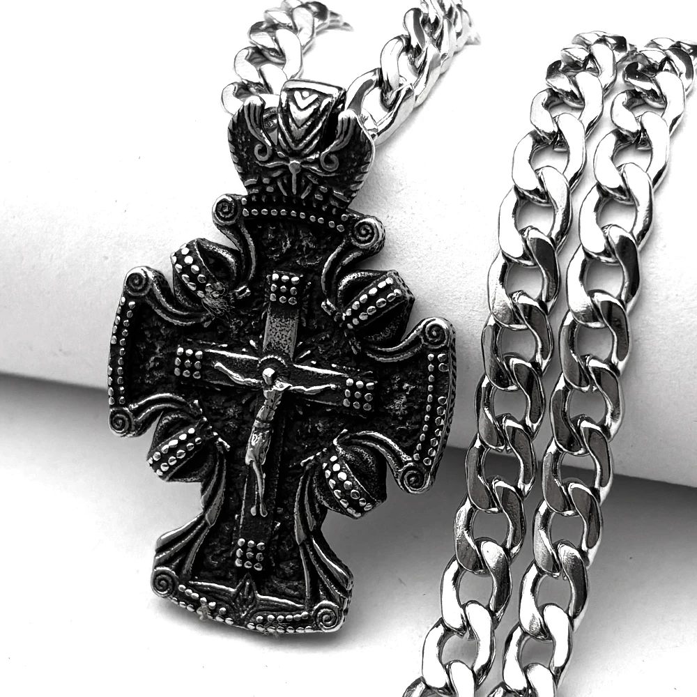 

Gothic Jesus Crucifix Cross Orthodox Pendant Necklace for Women Men Stainless Steel Christian Chain Necklaces Vintage Jewelry