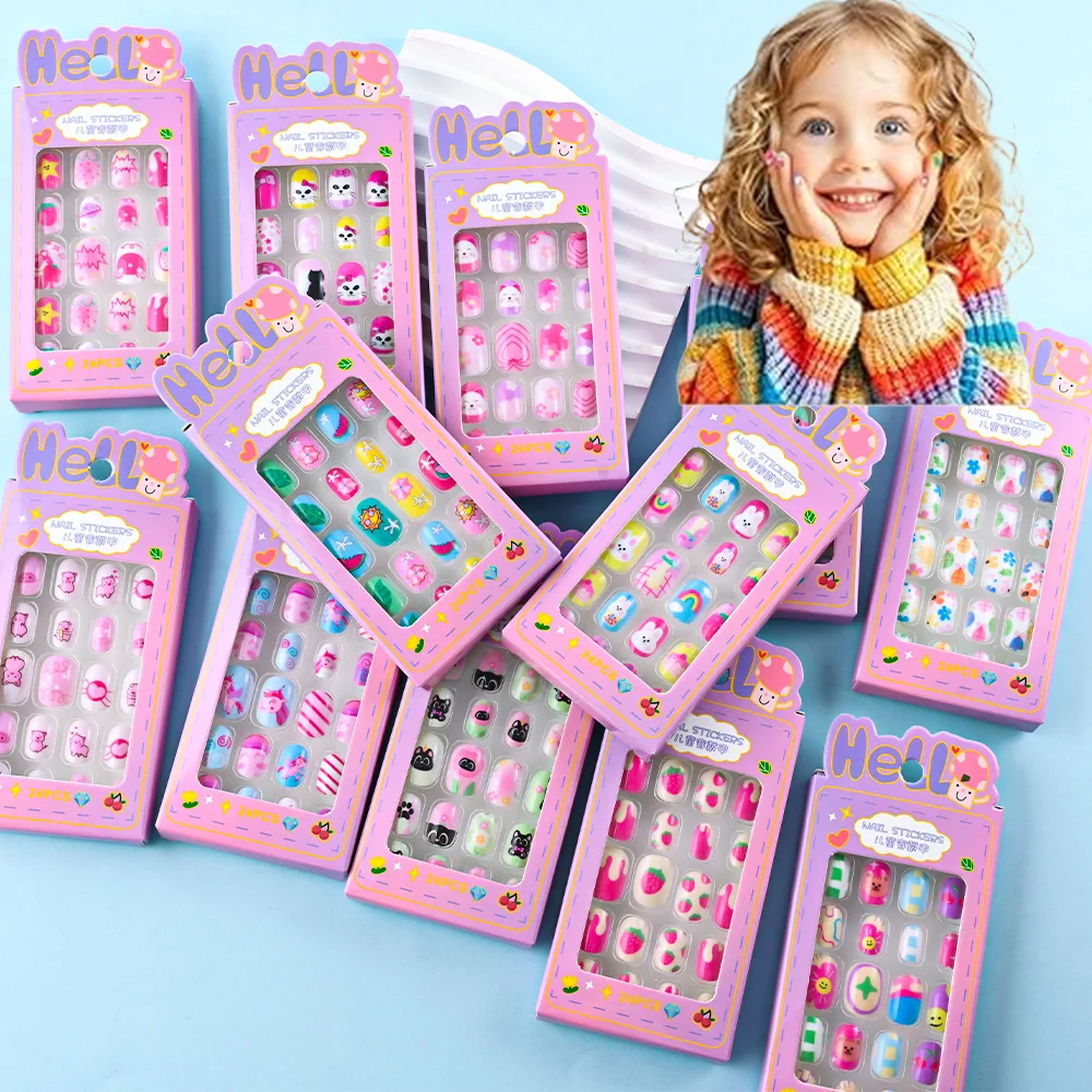 

24Pcs/box Kids Cartoon Pattern False Nail Wearable Cute Girl Child Fake Nails Tips Kawaii Acrylic Artificial Press on Nails+Tool