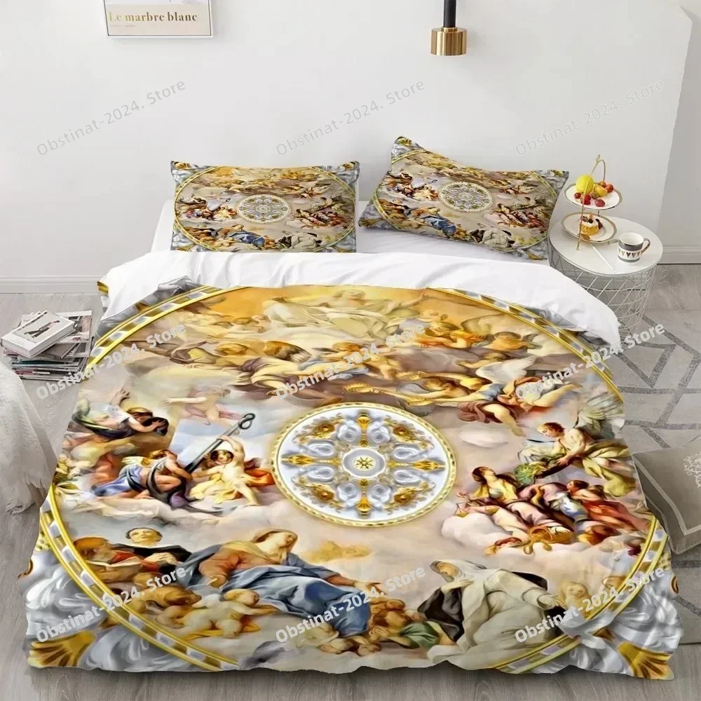 2025 Angel Oil Painting Bedding Set Ancient Art Duvet Cover Cartoon Warm Bed Quilt Cover Kids Soft Bedroom Bed Cover Set Green
