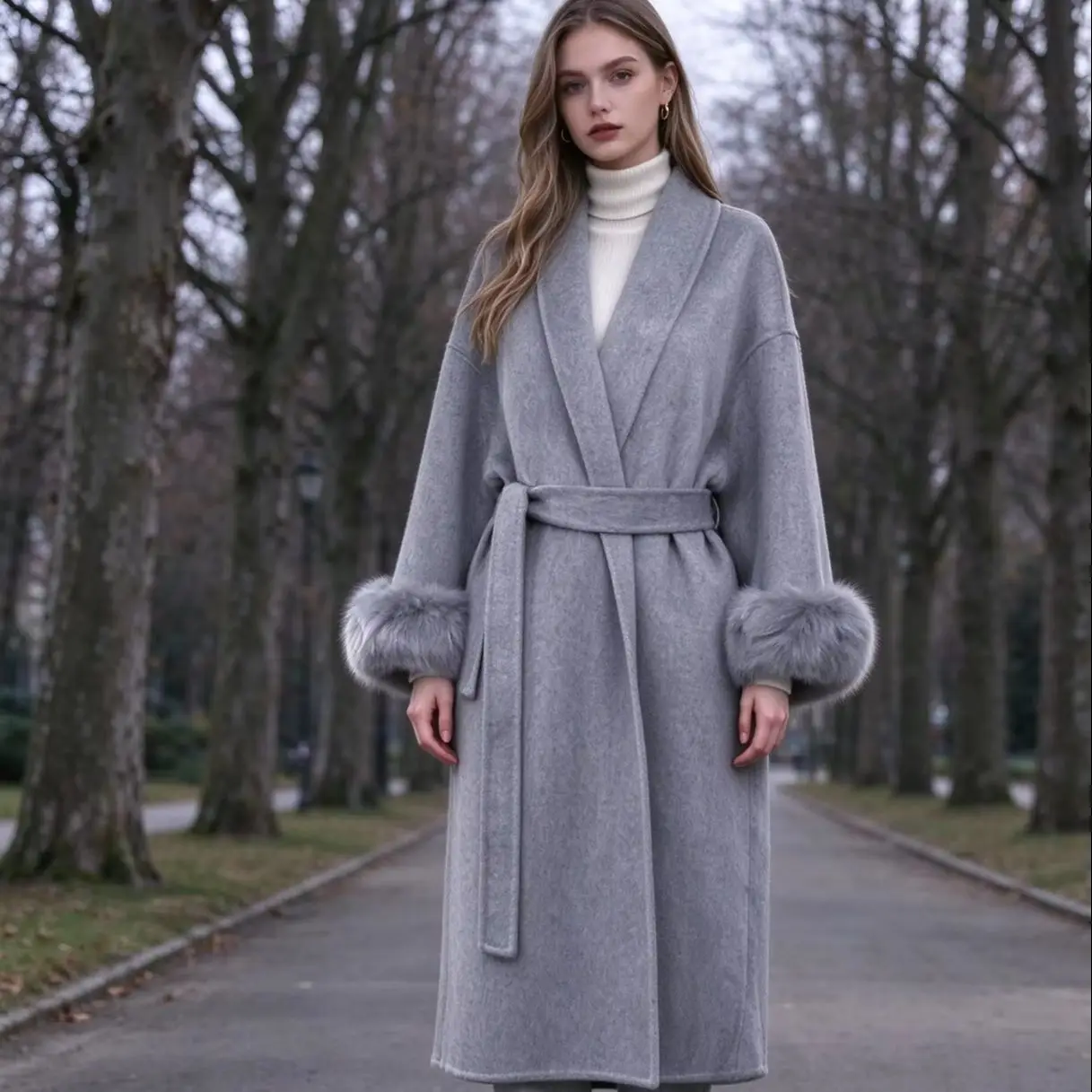 Glamorous Women’s Overcoat Shawl Collar Belted Wrap Style Fox Fur Cuff Hand Sewn Wool Craft Business Meeting Customized