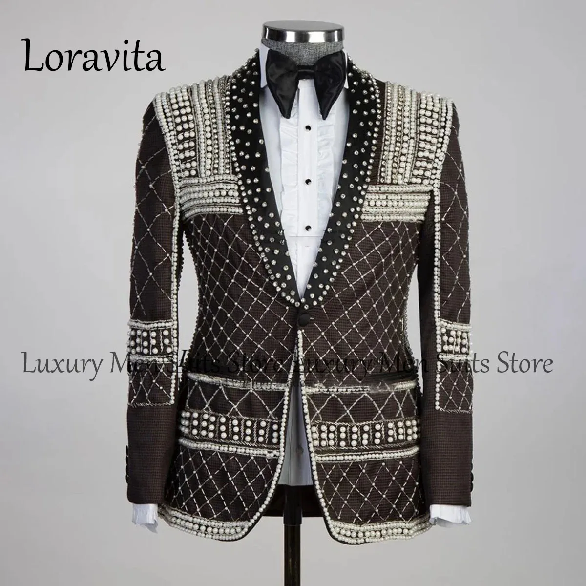 

Formal Beaded Crystals Men Suits 2 Pieces Sets Wedding Groom Shawl Lapel Tuxedos Slim Fit Male Prom Blazers Party Costume Homme