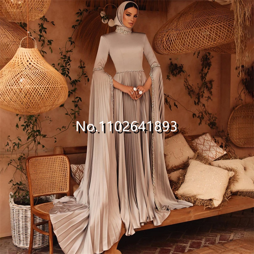 Muslim Glitter Formal Evening Dresses Shiny High Neck Pleated A-Line Prom Dress Angel Sleeves Women Occasional Party Gowns 2023