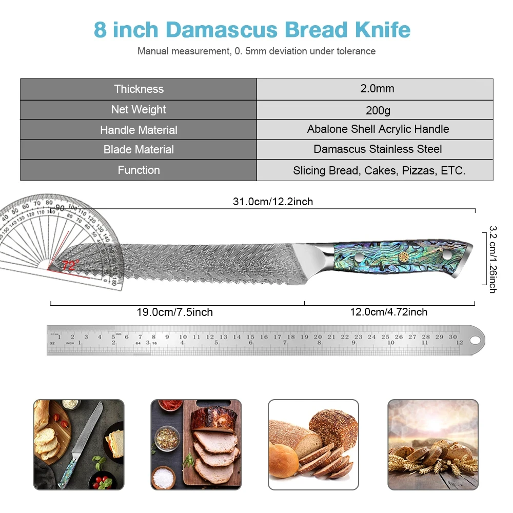 Damascus Steel Bread Knife with Serrated Blade for Hotel and Home Use Abalone Shell Handle Bread and Cake Kitchen Cooking Tool