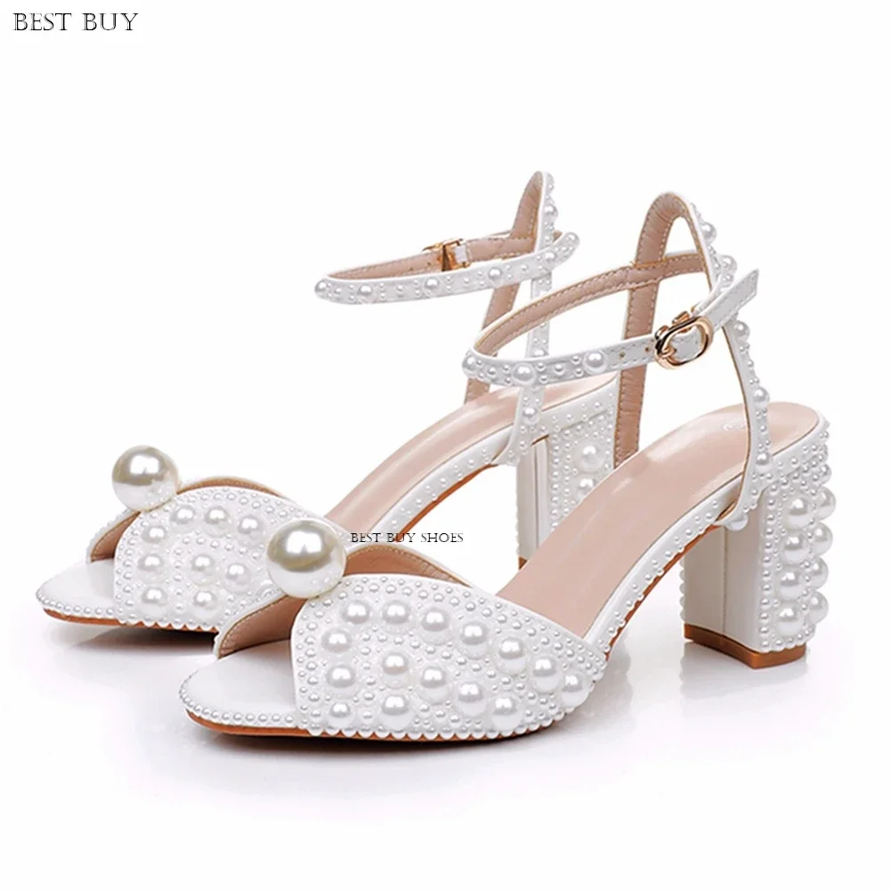 

2024 Summer New Thick Heel High Heels, Water Diamond Pearl Women's Single Shoes, Bridal Wedding Shoes, Banquet Party Sandals