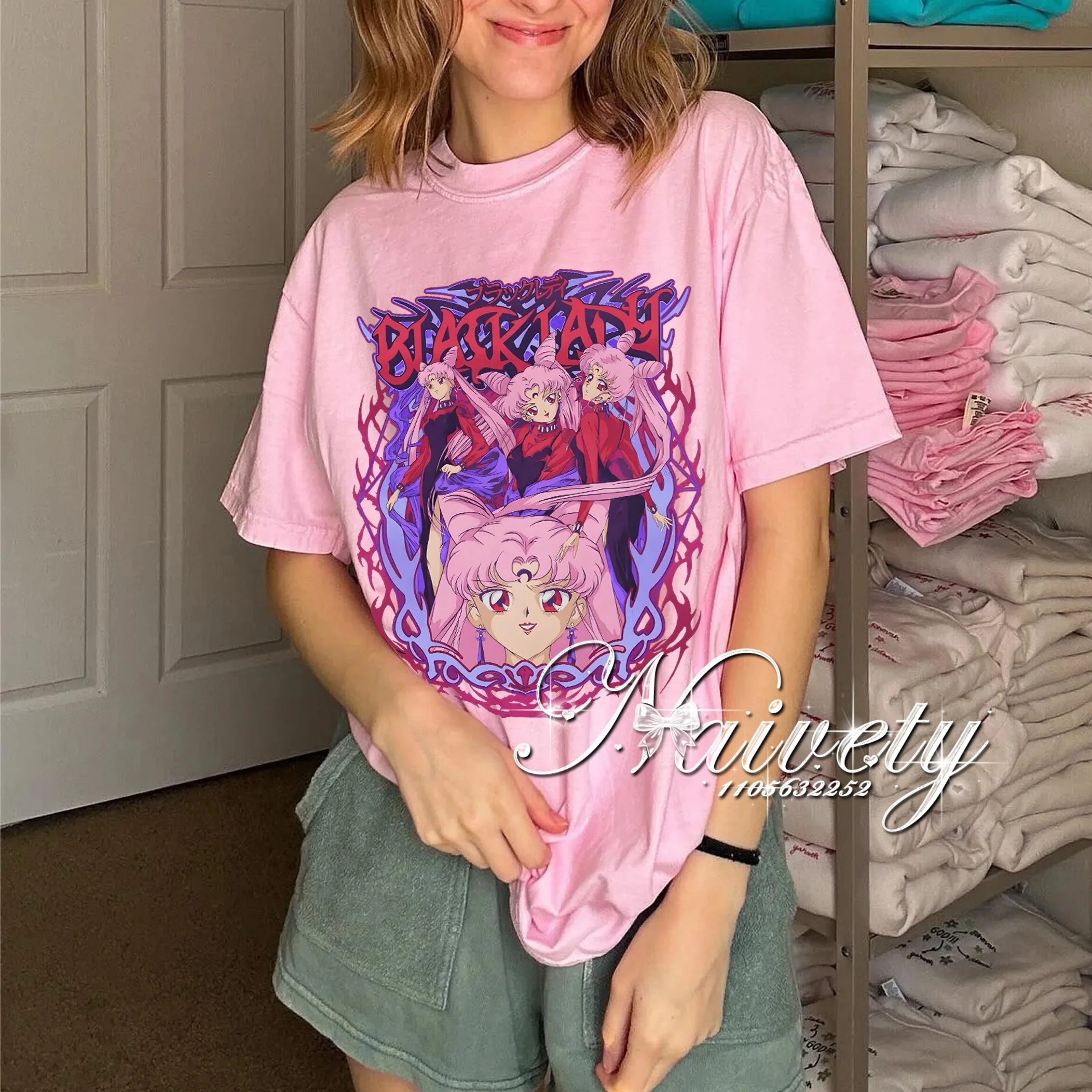 2026 Sommer Sailor Moon Black Lady Print Baumwoll-T-Shirt Unisex Paar Kurzarm-Shirt Anime Chibiusa Grafik-Top für den Alltag