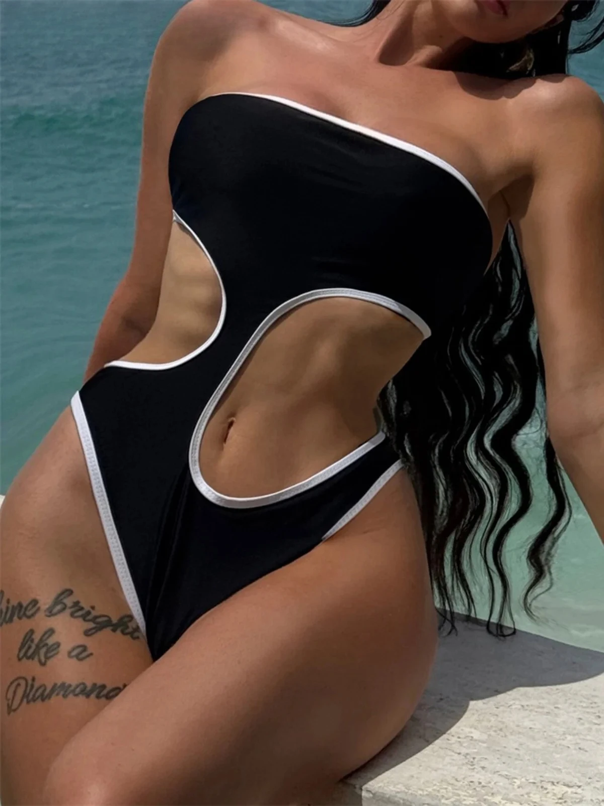 Swimsuit Women Swimwear Asymmetric Bandeau Cut Out One Piece Female High Leg Cut Monokini Padded Bather Bathing Suit Swim