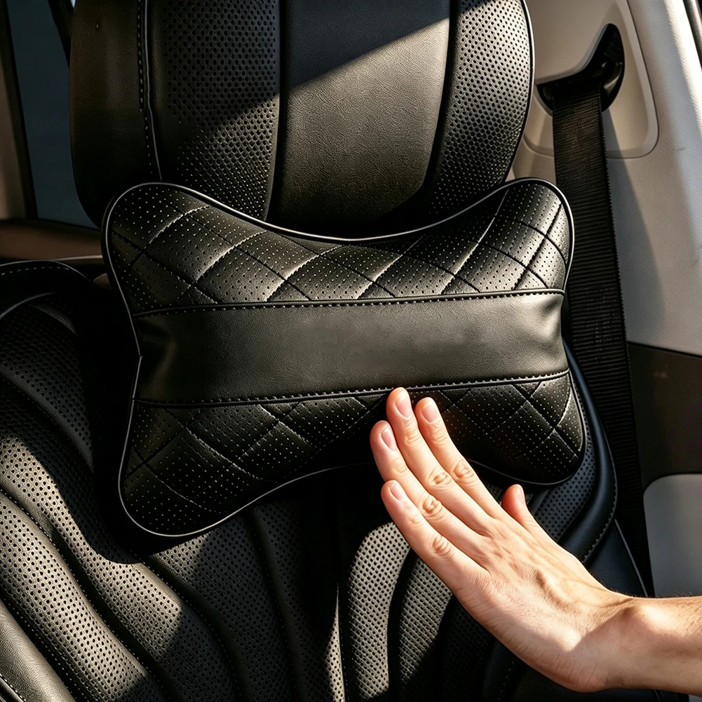Car Leather Memory Foam Headrest Rhombus Quilted Pattern Comfort Neck Support Pillow For MercedesBenz GLC X253 X254 C-Class W205