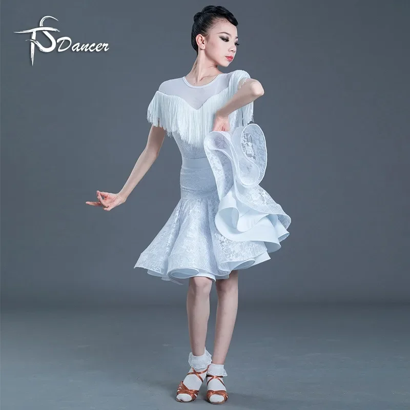

New high-end children's Latin dance costume, girls' lace tassel fishtail skirt competition outfit
