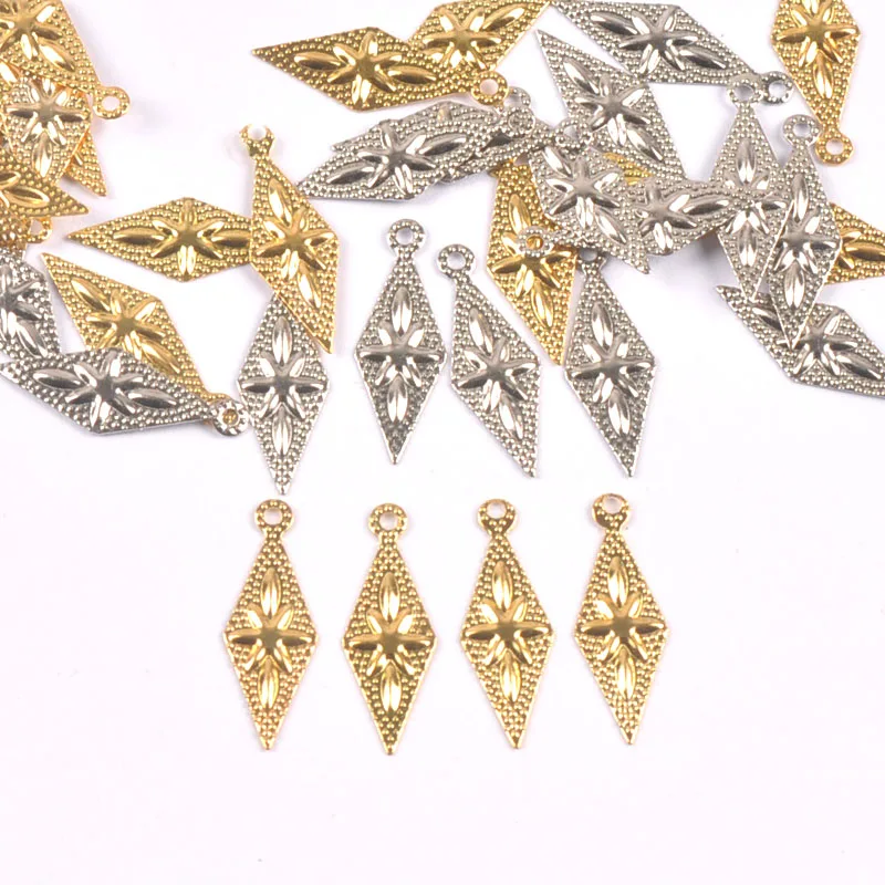 50pcs Gold and silver Filigree Wraps rhombus Pendant Metal Crafts for Headwear and jewelry accessories 8x21mm YKL0911