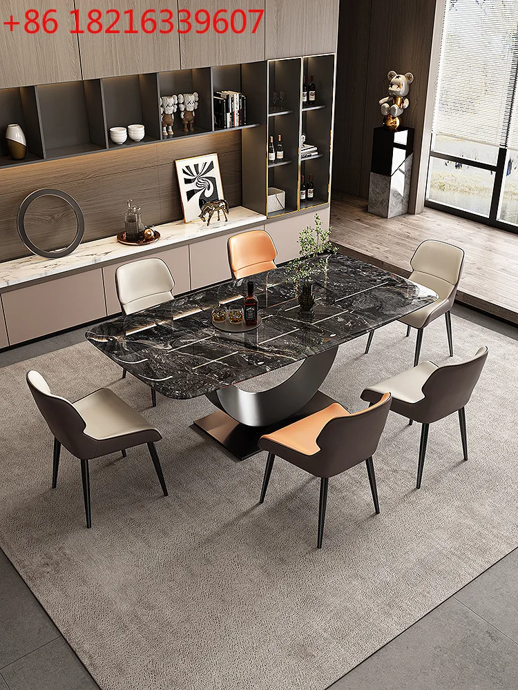 

Luxury stone slate simple household large rectangular marble light luxury modern supercrystalline stone dining table and chairs