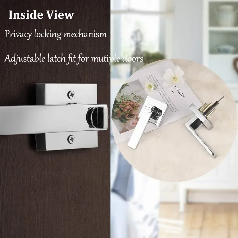 Privacy Door Handles with Square Rosette 10 Pack Bed/Bath Locks in Polished Chrome Interior Door Levers