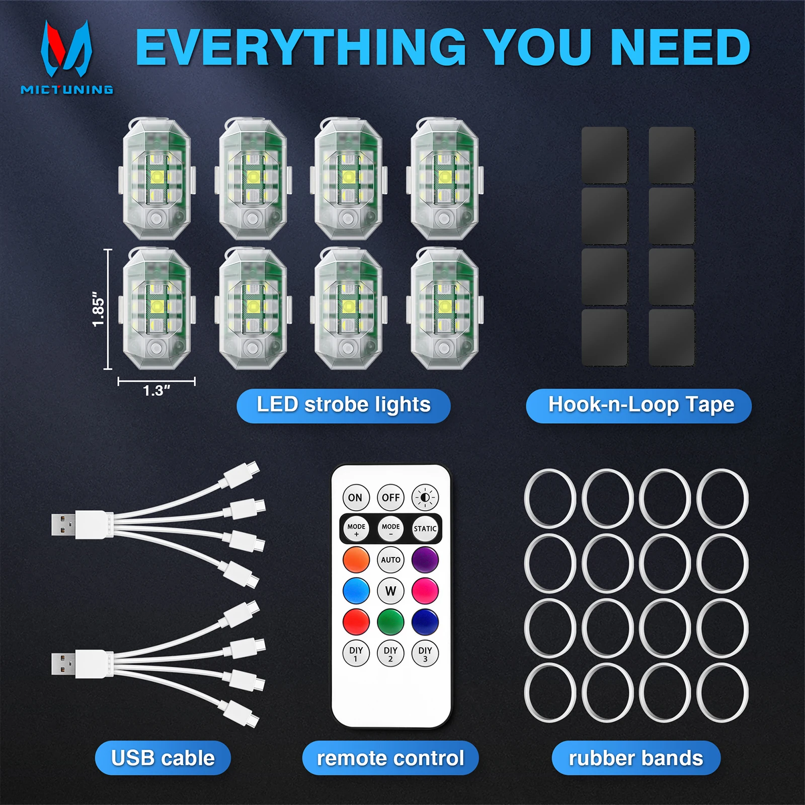 MICTUNING Wireless LED Strobe Lights, 8 Colors, USB-Charging Emergency Warning Lights for Cars, Motorcycles, Drones, Aircraft