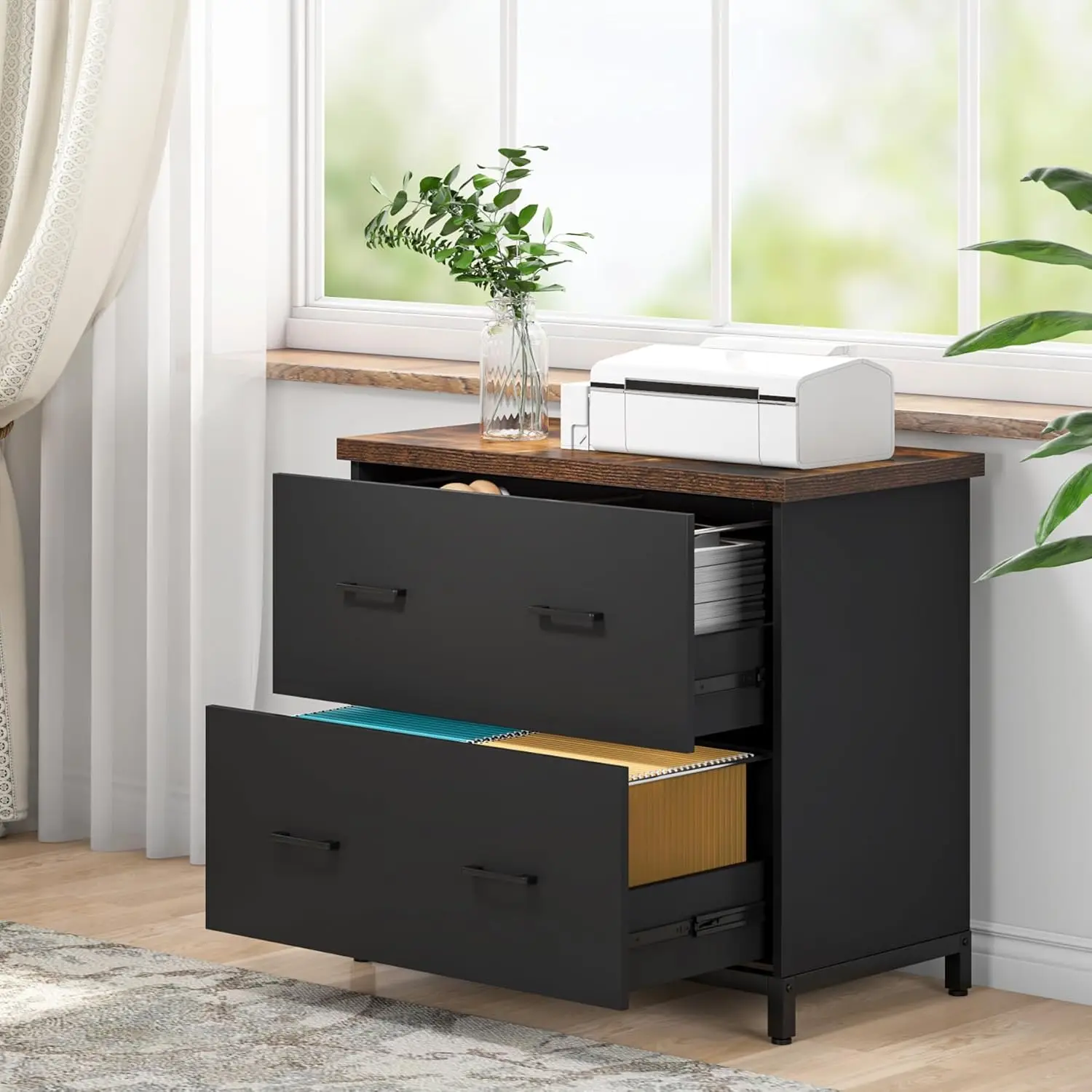 # 2-Drawer File Cabinet, Wood Lateral Filing Cabinet for Home Office, A4, Letter Size, Brown and Black