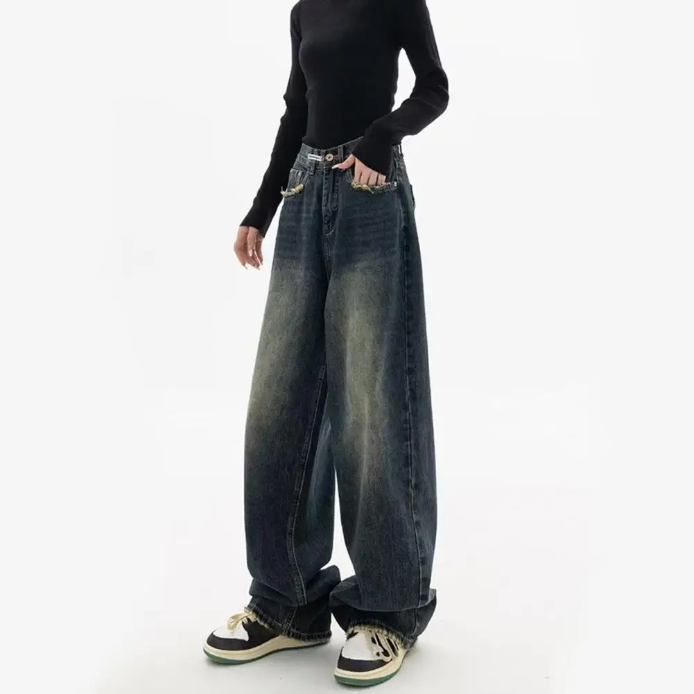 Women Jeans Vintage High Waist Wide Leg Denim Jeans with Deep Crotch Pockets Women's Streetwear Fashion Statement Distressed