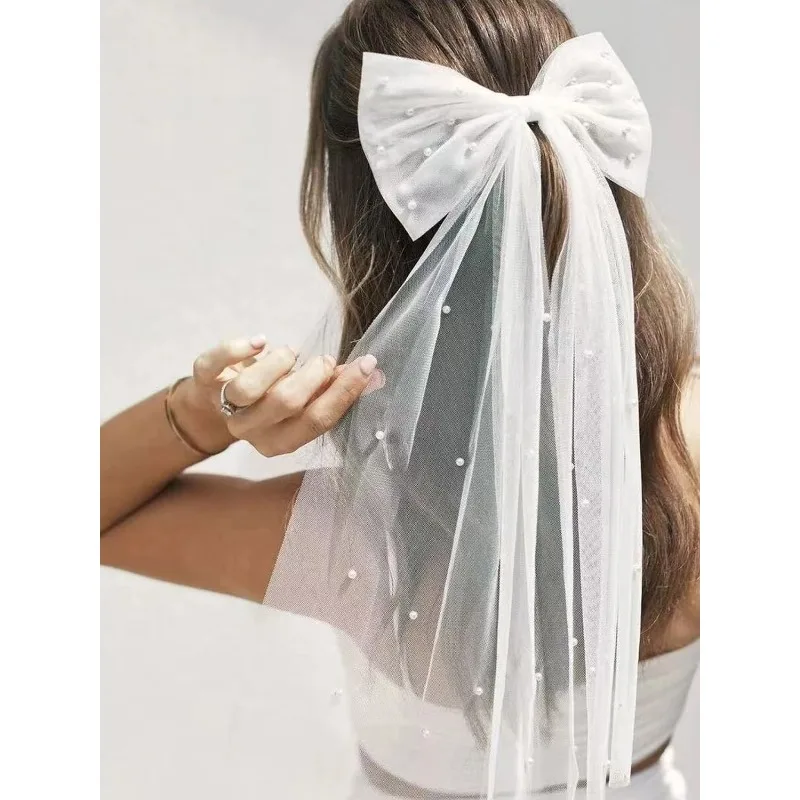 

1pc white mesh imitation pearl streamer bow hairpin, retro simple temperament bridal wedding veil sweet bridesmaid hairpin