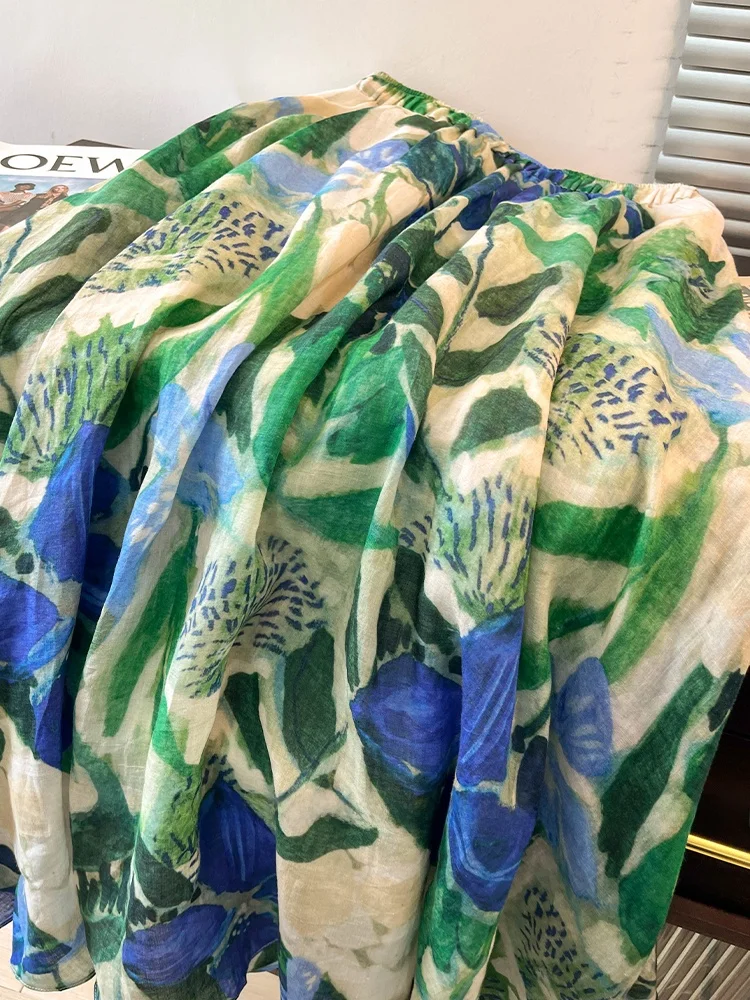 الراقية القنب طباعة ميدي تنورة المرأة أوائل الخريف مرونة عالية الخصر التخسيس الربيع الصيف ألف خط الكتان ثوب تنورة #3