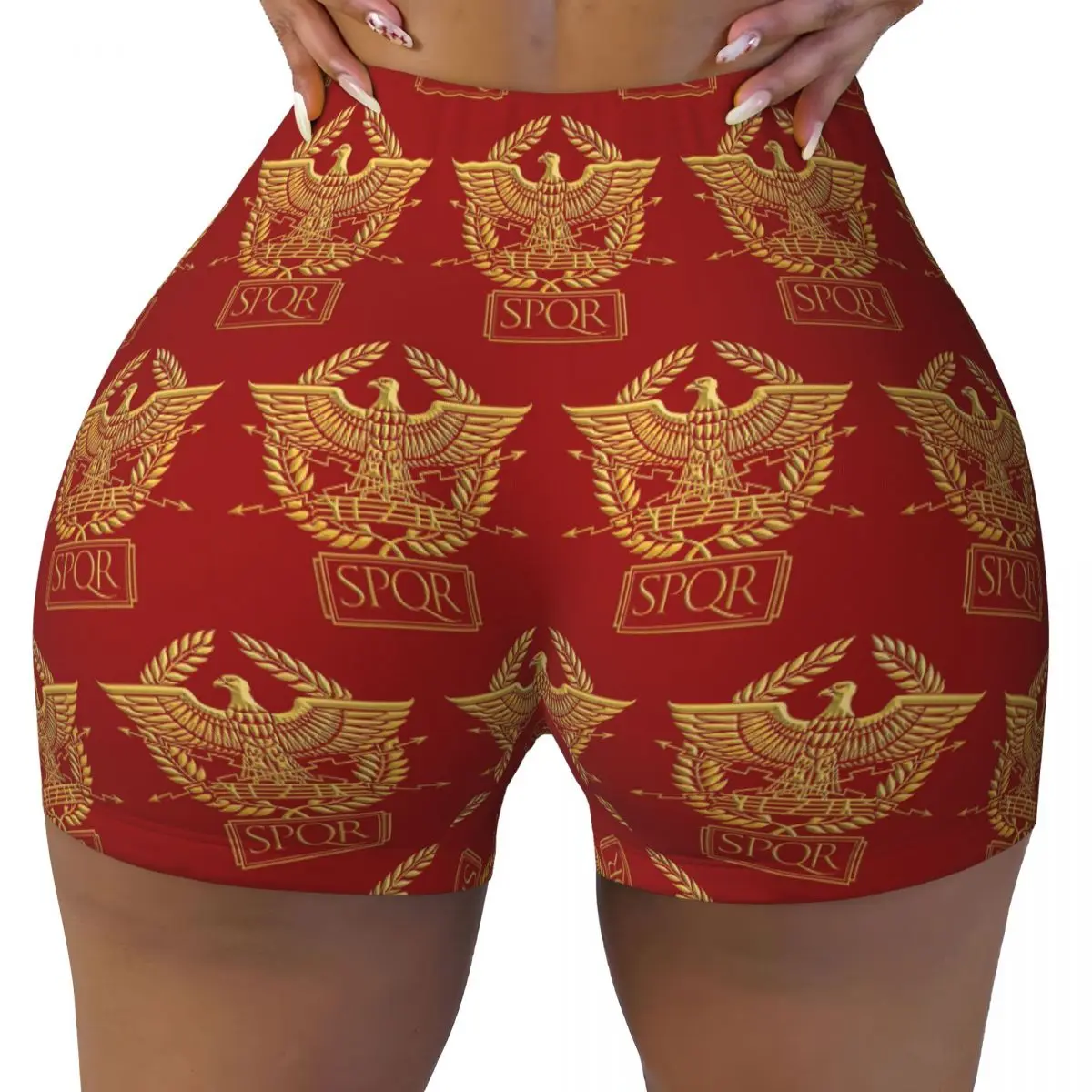 

Пользовательские золотые шорты для йоги Roman Aquila Eagle SPQR, женские шорты для тренировок в тренажерном зале, спортивные шорты для волейбола, байкерские шорты