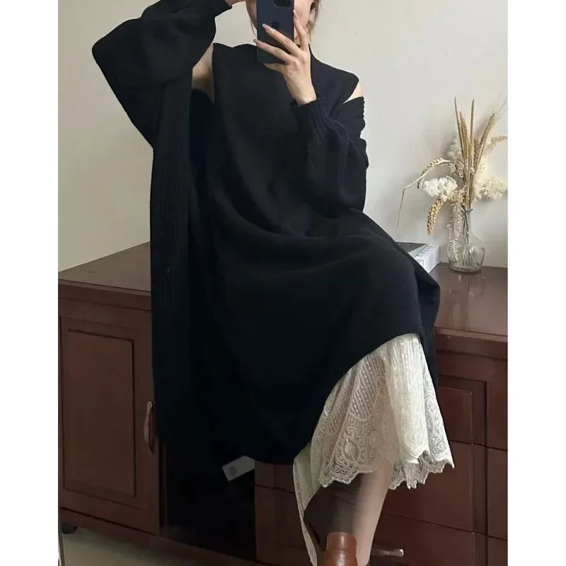 Suéter informal para mujer, conjunto de dos piezas, versión coreana de otoño e invierno, chaleco de cuello alto, falda, cárdigan de punto holgado, 2024