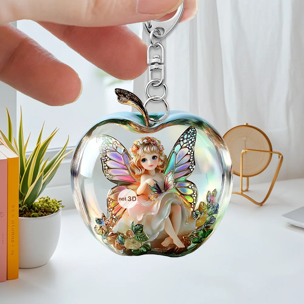 2d Flat Acrylic Hanging Decoration Apple Shape Angel Baby Keychain Car Backpack Pendant Flower Fairy Charms Keyring Accessories