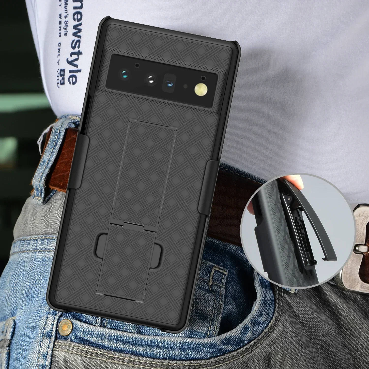 2In1 Hybrid Hard Shell Holster Combo Case with Kickstand Back Cover for Google Pixel 6 Pro Belt Clip Case Phone Cover image 4