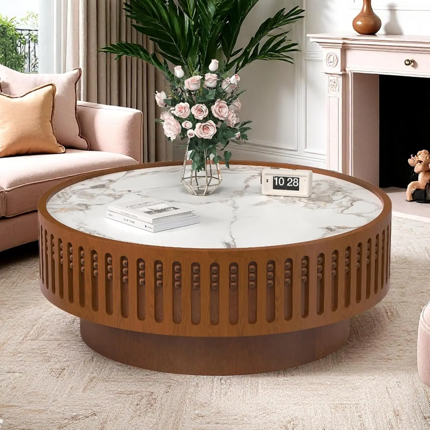 

35.4" Round Coffee Table with Sintered Stone Tabletop, Wooden Fluted Coffees Table, Circle Accent Center Table for, Customized