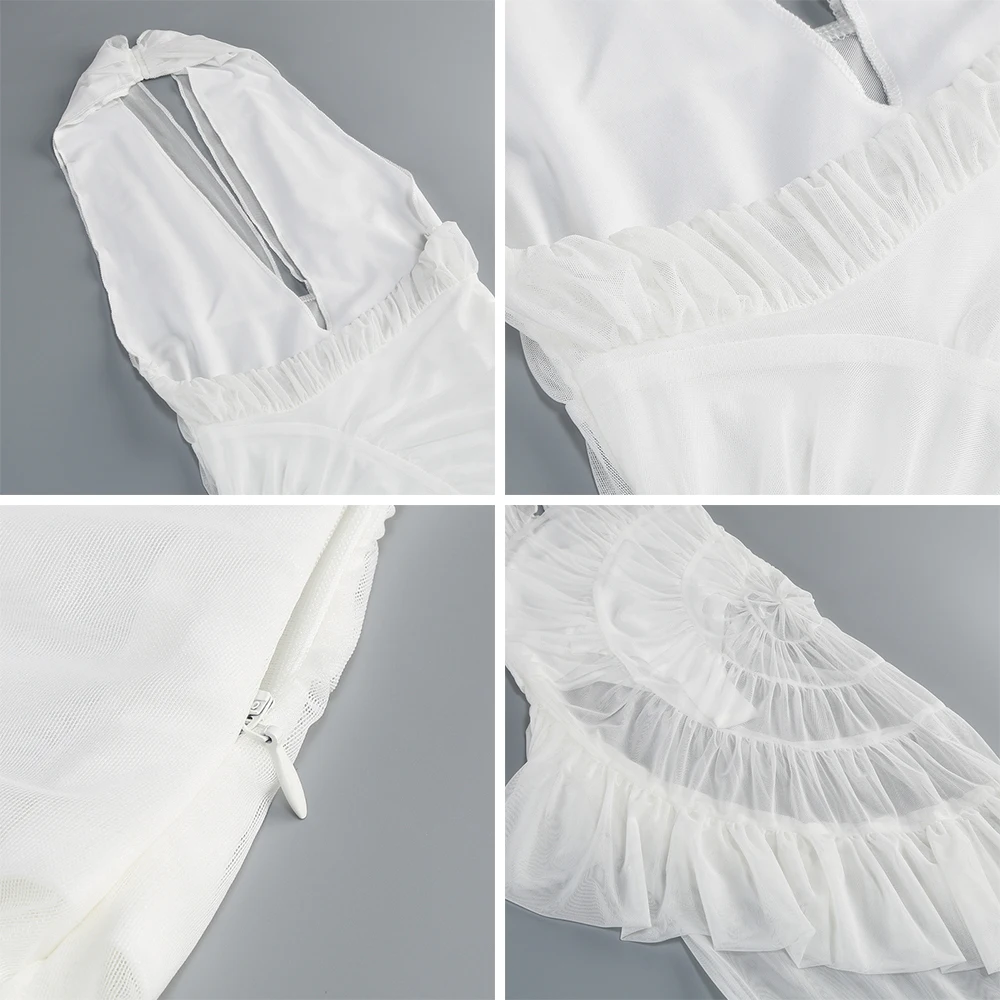 ชุดเดรสยาวแบบมีระบายชั้นๆ ผ้าทูลล์เนื้อบางเบา คอวีลึกแบบเซ็กซี่ สายคล้องคอ เปิดหลัง แต่งระบาย ผ้าตาข่ายโปร่งแสง ดีไซน์แอมโมไนต์  ชุดราตรีหรูหราสำหรับงานพรอมหรืองานเลี้ยงตอนเย็น