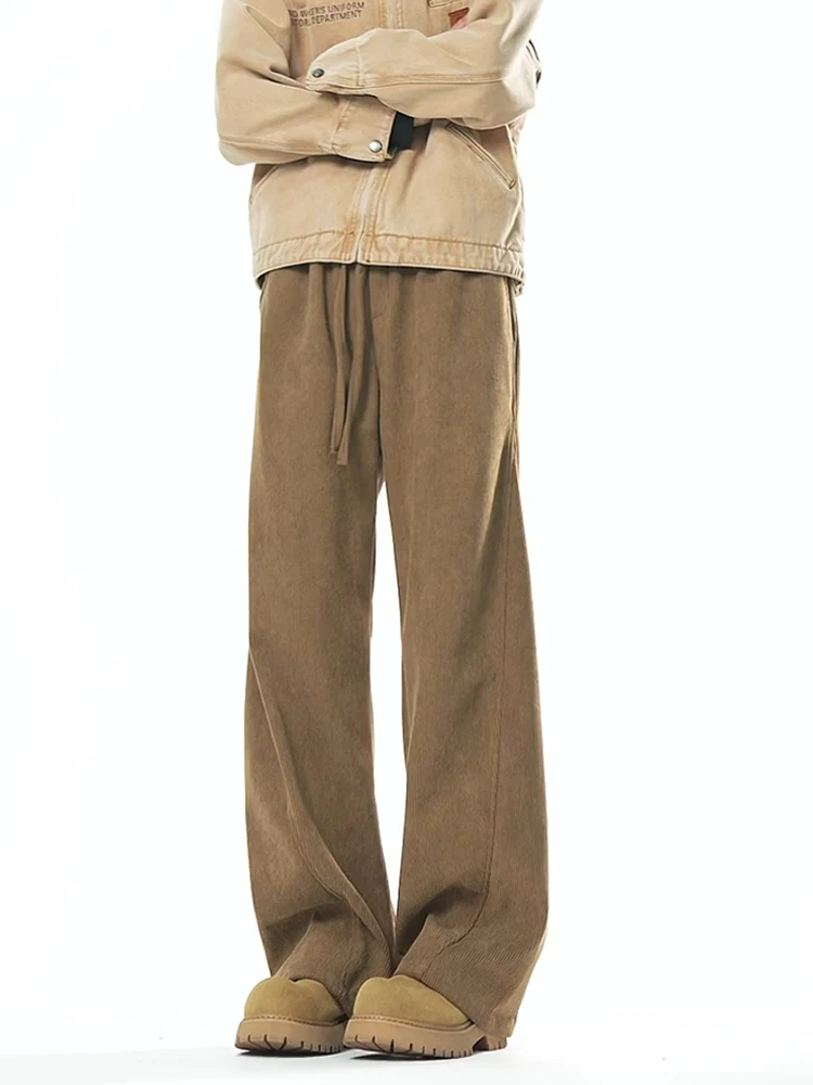 Khaki Corduroy Men's Winter Fleece Lined Wide Leg Casual Pants Cleanfit Straight Cut Drapey Loose Fit Comfortable Leisure Tro...
