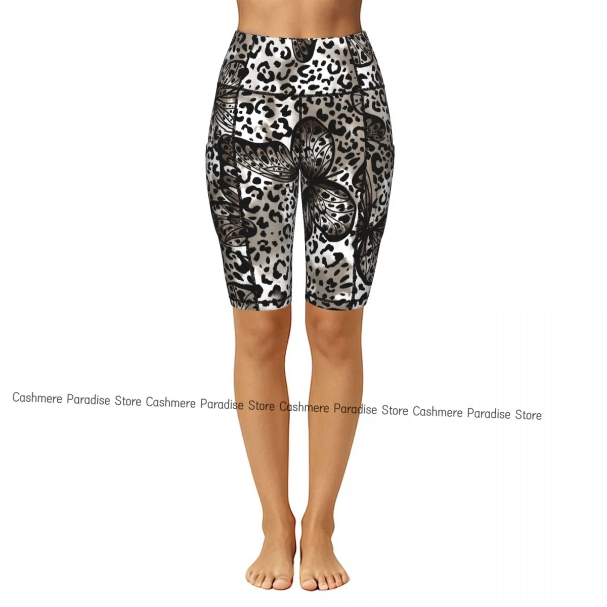 Leopard Butterfly Pattern Sport Yoga Shorts Pants Women Fitness High Waist Hip Lift Running Yoga Side Pockets Tights Sportswear