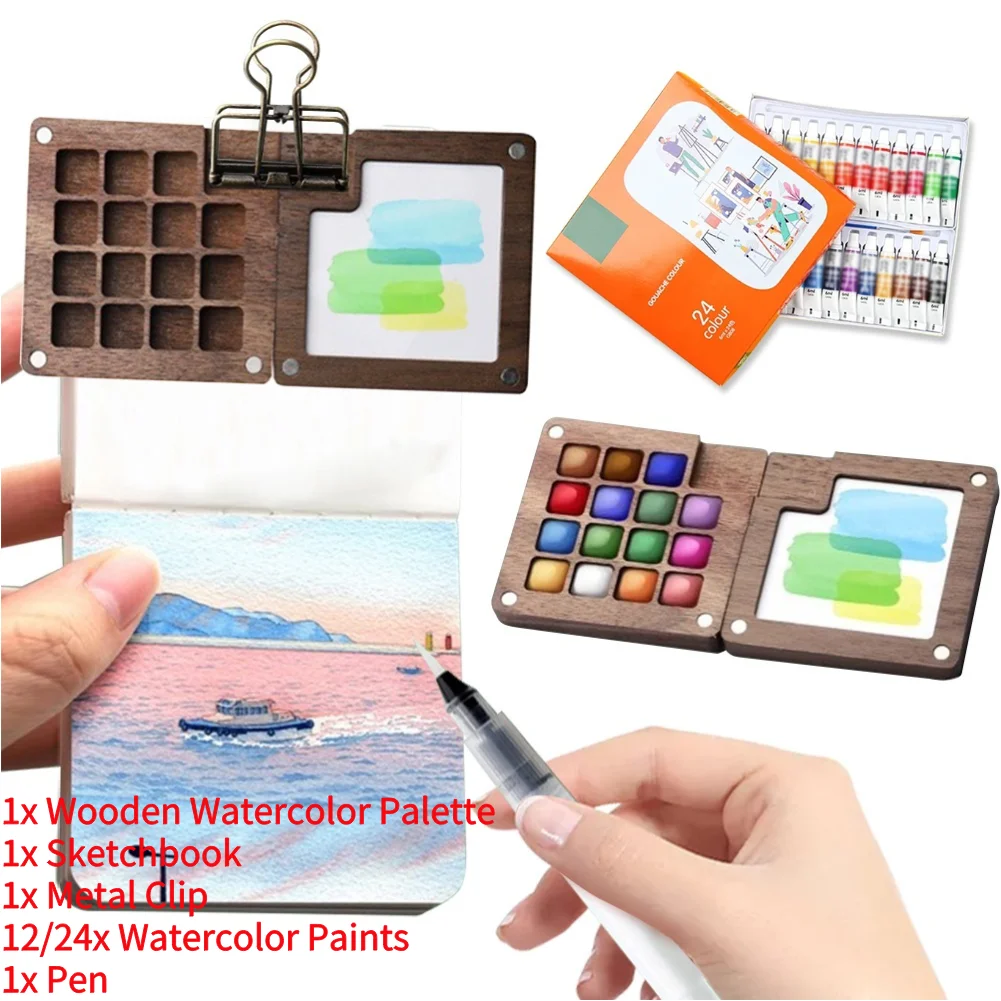 

Portable 8/15 Color Mini Watercolor Paint Box Set Artist Travel Palette Sketching Supplies for Students Gouache Walnut Case