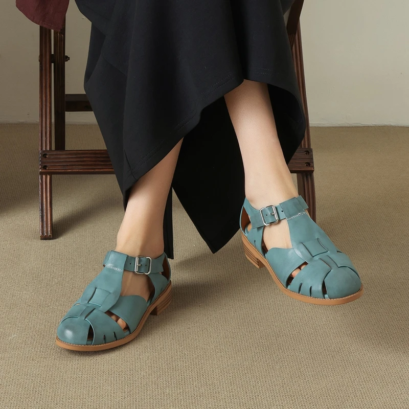 Women's new summer leather cowhide low heel hollow breathable elastic buckle retro toe Roman shoes fashion sandals