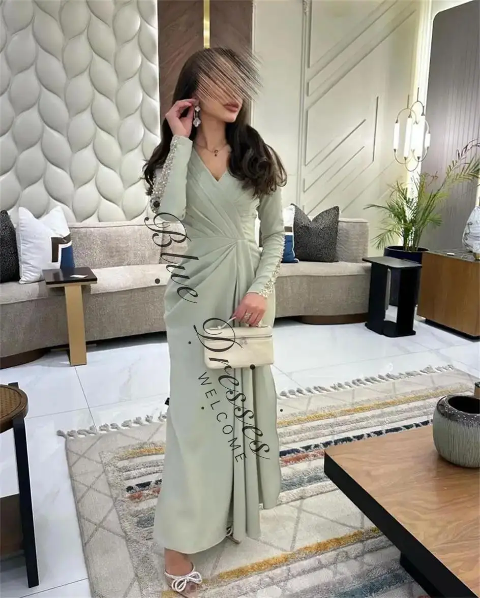 ชุดราตรีแขนยาวแบบสั่งตัด คอวี แต่งระบายประดับเลื่อม ยาวถึงข้อเท้า ชุดแต่งงาน ชุดออกงานกลางคืน