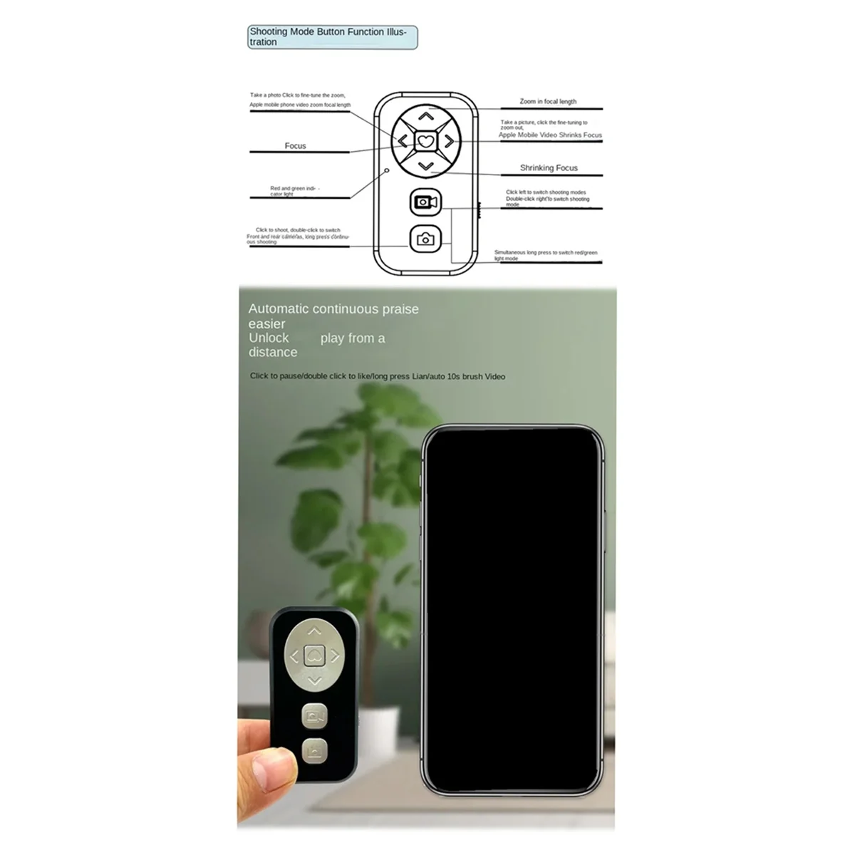 For Mobile Self Timer Zoom Function Bluetooth Remote Controller, Page Turning, , Self Timer Short Video
