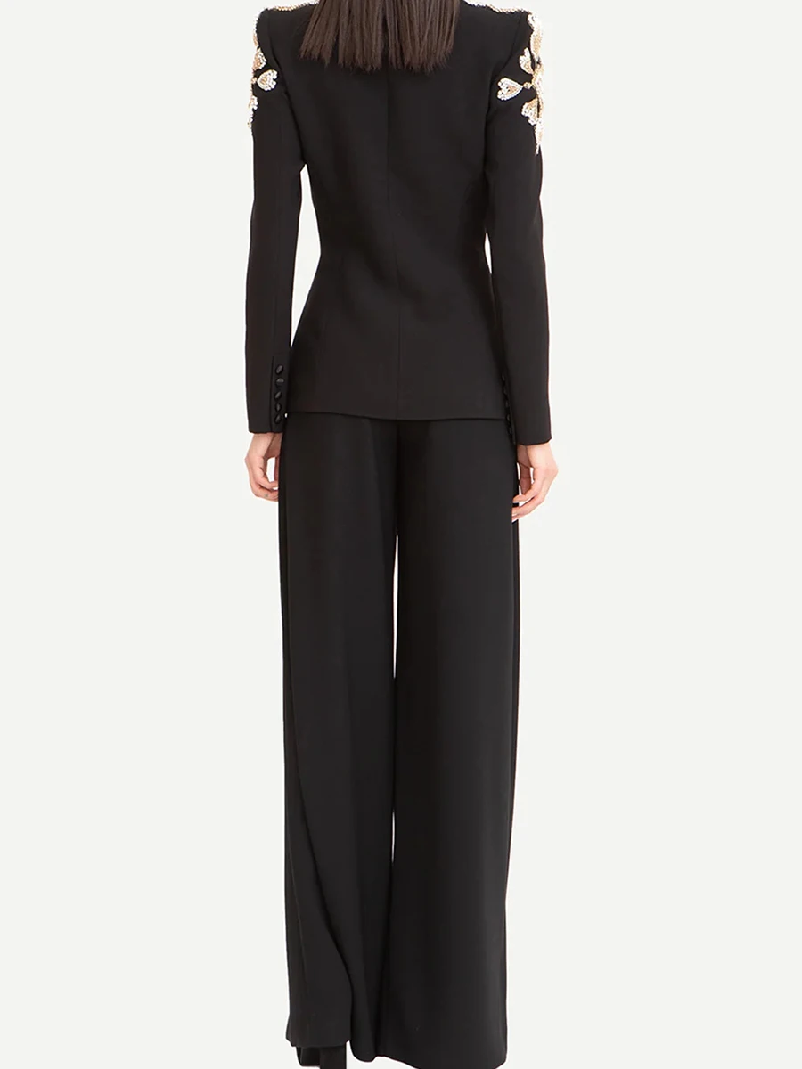 VGH Effen Kleur Afslanken Chique Jas voor Vrouwen Nothced Kraag Lange Mouw Patchwork Kralen Blazer Jassen Vrouwelijke Herfst Nieuwe Stijl