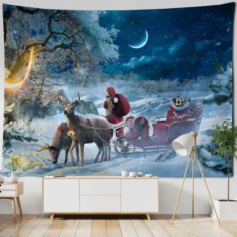 VIKAMA Santa Reindeer Wall Tapestry Christmas Sleigh Gift Firework Snow Night Wall Hanging Backdrop for Bedroom Holiday Decor