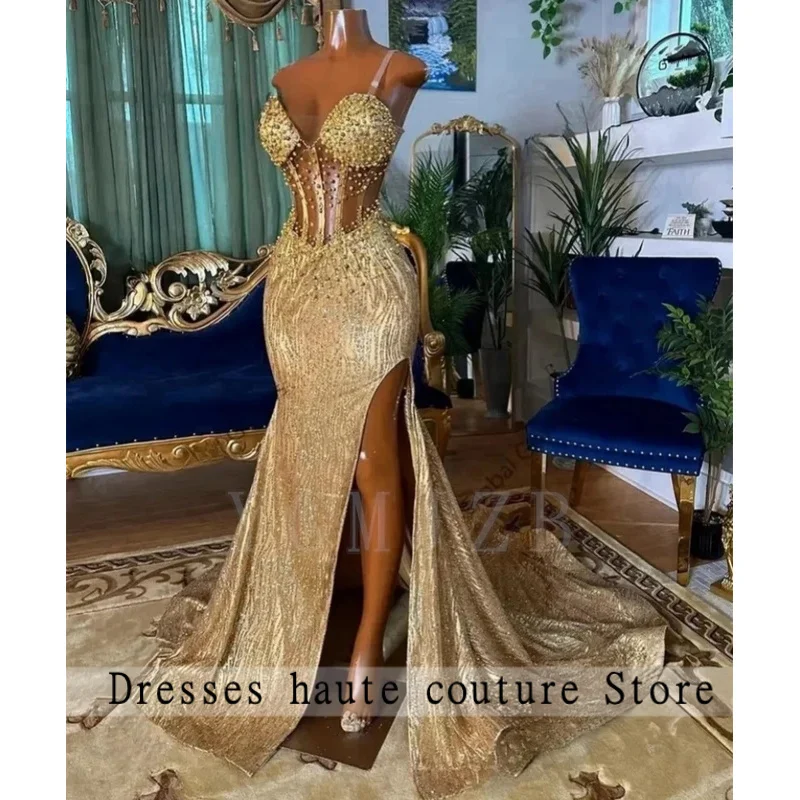 

Skinny Gold Prom Dresses 2025 Black Girl Luxury Sweethear Beaded Corset High Split Evening Birthday Party Gala Gown Customized