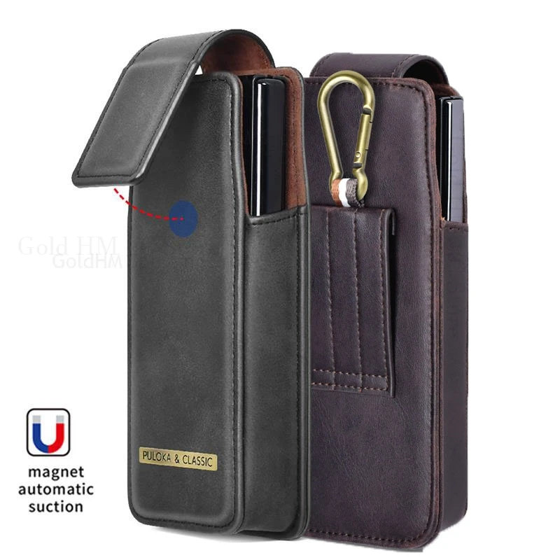 

Leather Phone Case For Samsung Galaxy Z Fold6 5 Magnetic Flip Phone Pouch For Galaxy Z Fold 6 4 3 2 Belt Holster Cover Waist Bag