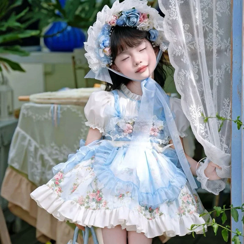 Summer Sweet Princess Dress Lolita Girls Birthday Party Fluffy Flower Bowtie Children Elegant Evening Dress French Style Clothes