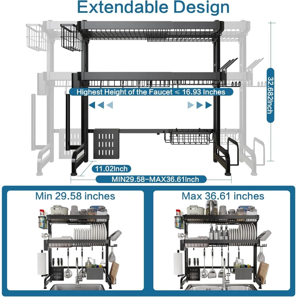 Over The Sink Dish Drying Rack, 3-Tier Over The Sink Dish Drainer Drying Rack Stainless Steel Adjustable (29.1''~37.4''), Dish