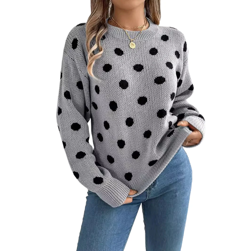 

Autumn/winter Casual Color Blocking Polka Dot Long Sleeved Pullover Sweater Round Neck Fall Knitted Pullover Sweaters Jumper