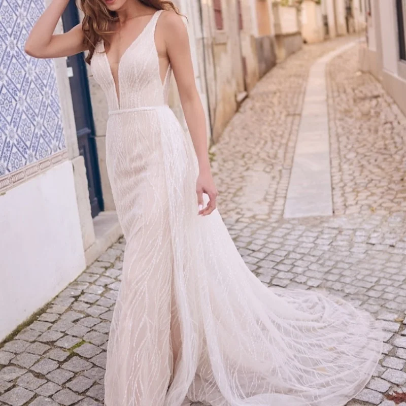Brilhante simples marfim branco com decote em v espaguete recurso vestidos de casamento fenda de uma linha vestidos de noiva feitos personalizados