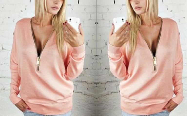 

Женский современный повседневный пуловер с воротником-стойкой на молнии до середины груди и рукавами-фонариками для лета