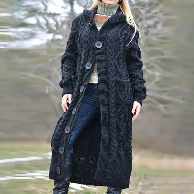 Twist Knot Pocket Loose Button Sweater Cardigan Coats Autumn Winter Female Knitted Trench Hoodie Coats