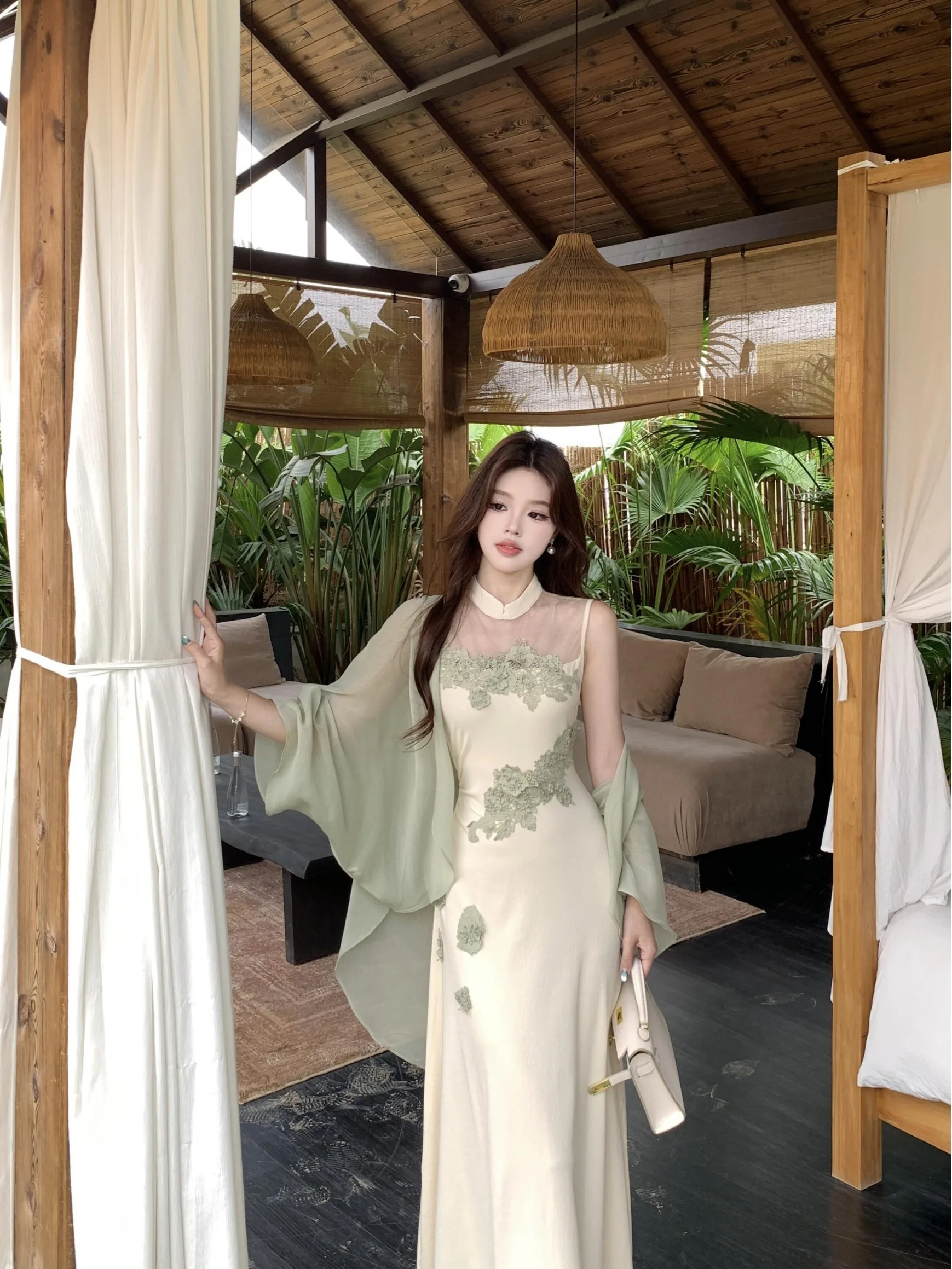 

Elegant Chinese Style plus Size Dress with Shawl Sleeveless Stand Collar Women's Summer Outfit Two Piece Set Lady's Fashion