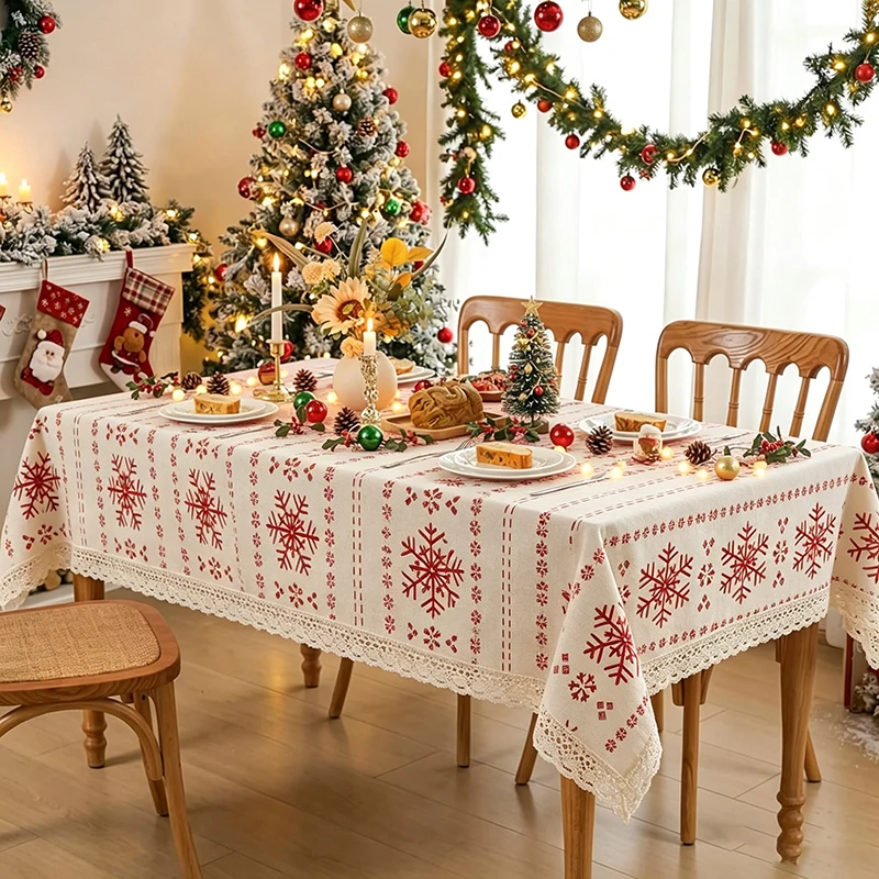 Snowflake Christmas Jacquard Tablecloth Rectangle Table Cover for Winter Holiday Party Kitchen Dining Christmas Table Decoration