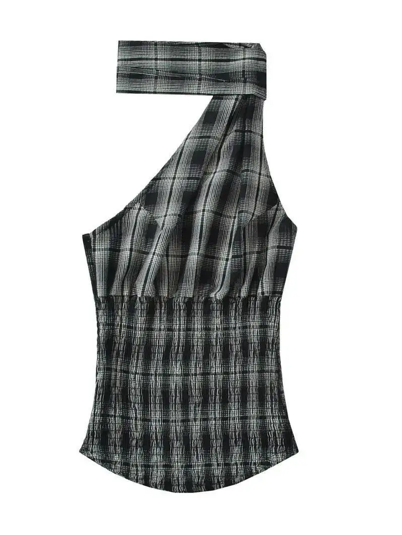 Kawaii Plaid/Dots Print Backless Halter Crop Camis Tops + Low Waist Bubble Mini Skirt Vintage 2 Piece Set Women Y2k Outfits PMB9