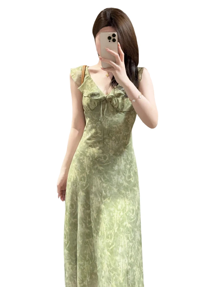 Summer een Floral Lace Hem Strap V-Ne Waist Cinched Long Dr Women's Sweet Sle High Waist A-Line Skirt Maxi Dr