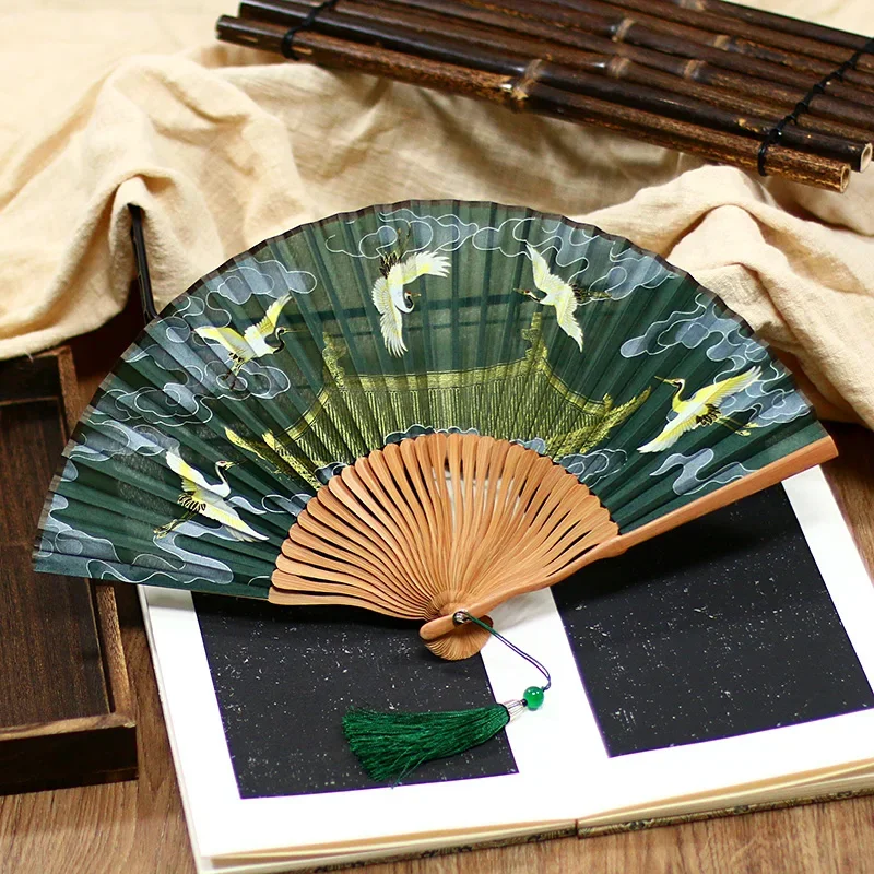 Summer Carrying Hand Small Fan Crane Auspicious Cloud Craft Gift Fan Chinese Style Retro Portable Hanfu Performance Props Gifts