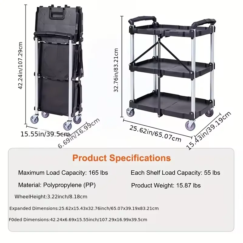 Heavy Duty Foldable Multi-Purpose Car 3 Portable Warehouse Tool Cart Lockable Wheels Metal Plastic Foldable