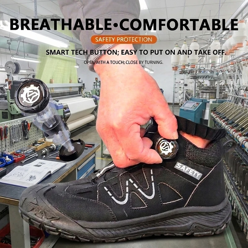 Easy‑On Rotary Knob Rubber Sole Mid‑Top Unisex Protective Safety Shoes Anti‑smash Puncture‑Proof Working Footwear