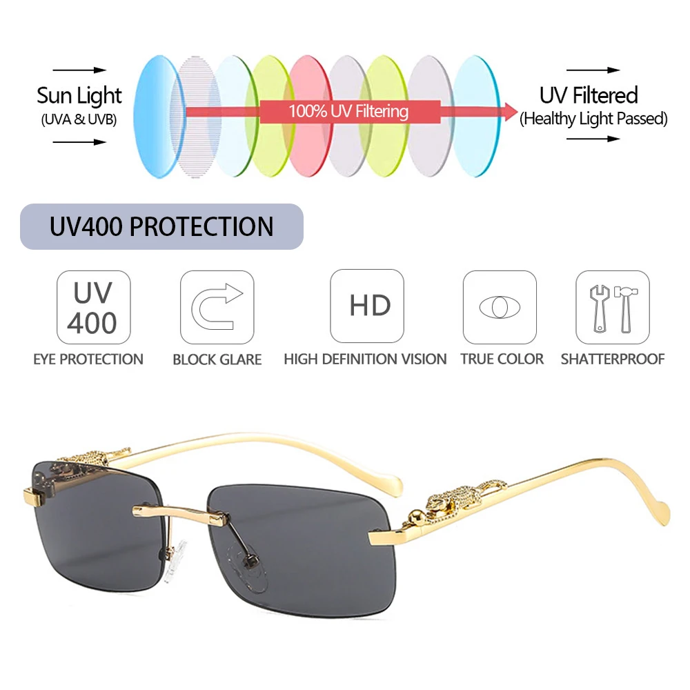 Fashion Rimless Rectangle Sunglasses for Women Men Retro Cheetah Decoration Clear Ocean Lens Sun Glasses Shades UV400 Eyewear